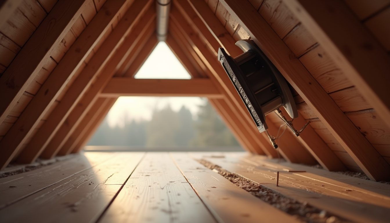 Eye-level view of modern ventilation system installed in a home attic