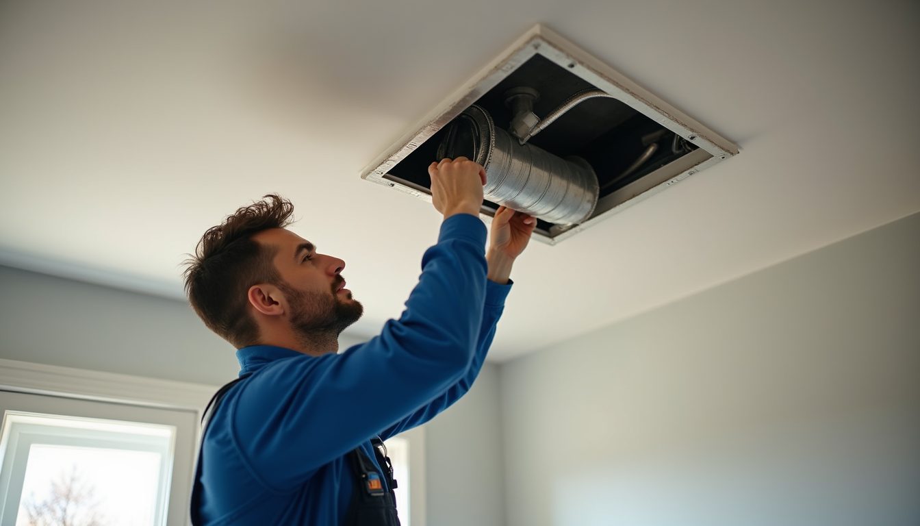 Close-up view of a technician installing a ventilation duct in a home ceiling
