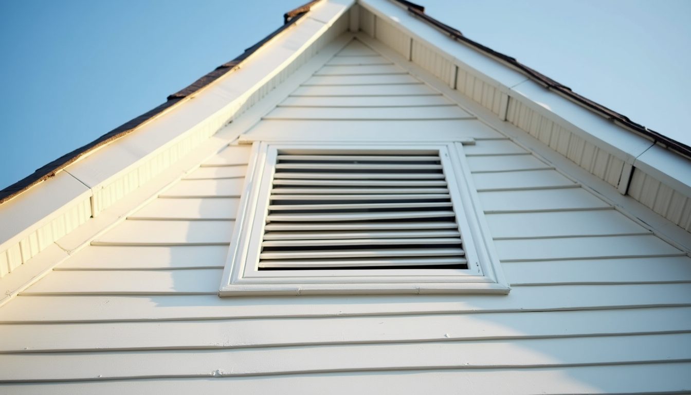 Eye-level view of a newly installed white gable vent on a house exterior