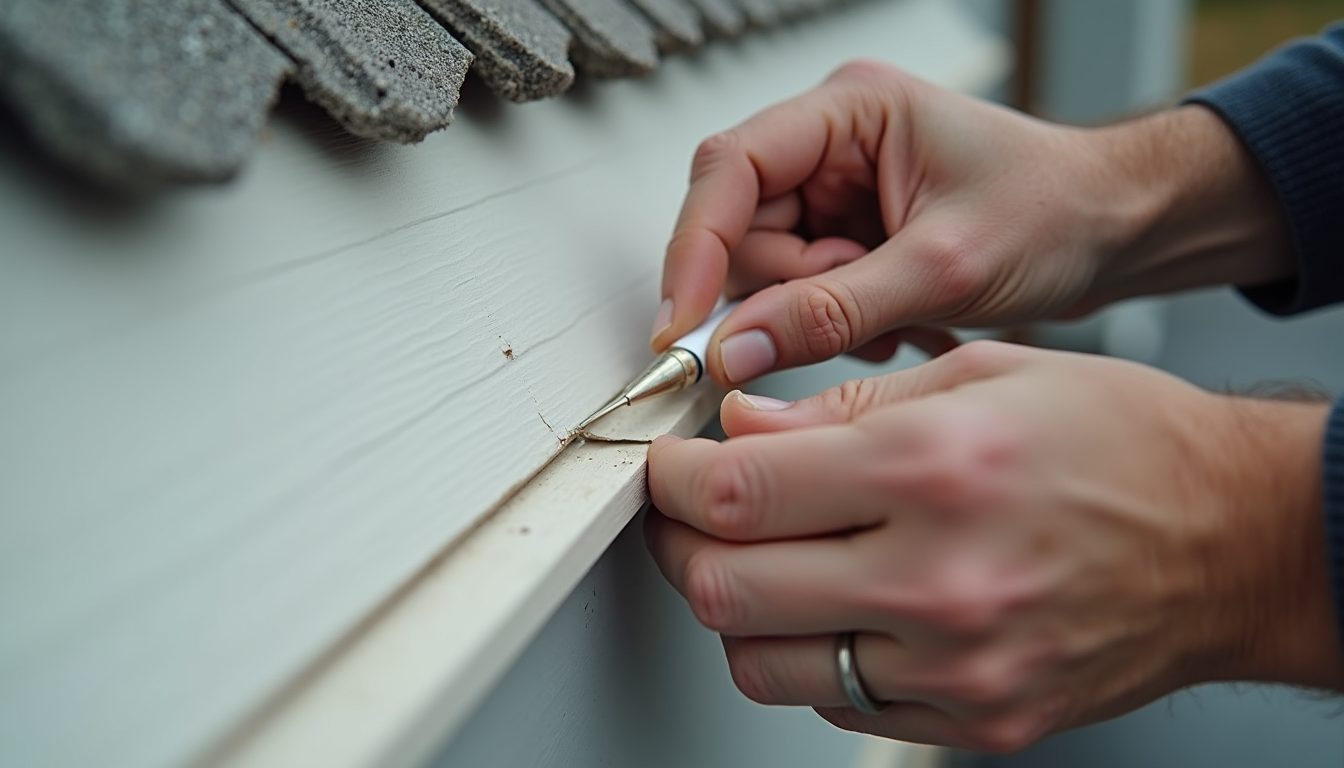 Close-up view of hands sealing edges of a gable vent with caulk