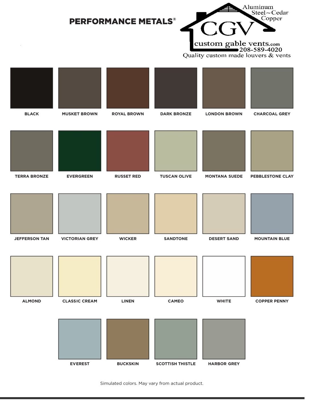Gable vent color chart with 28 color swatches. The color names are listed beside the chart.