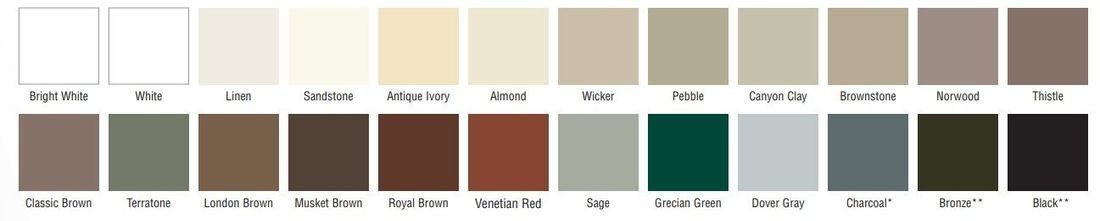A row of 24 siding-match color swatches. The color names are listed below.