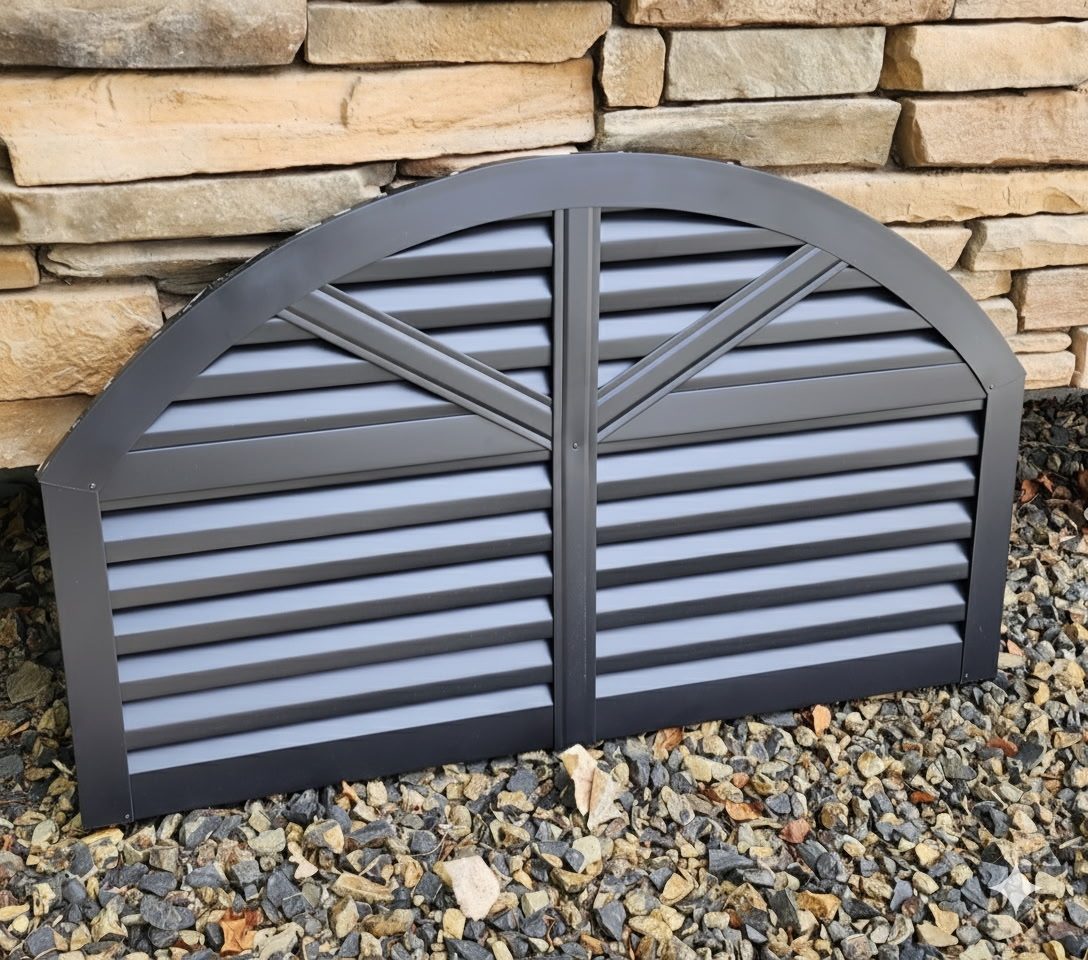 Custom black arch top gable vent with decorative spokes